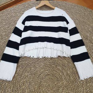 Navy Stripe Distressed Crop Knit Sweater